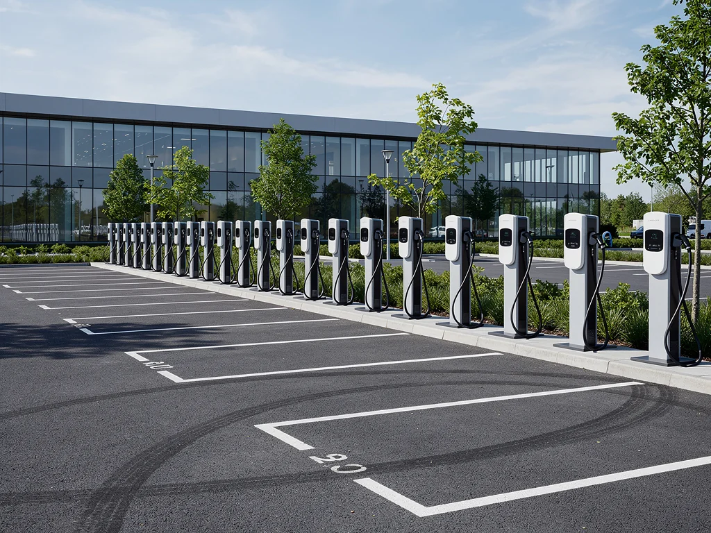 Bornes de recharge sur pied alignées sur un parking d'entreprise