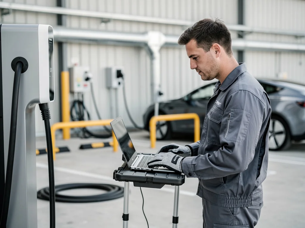 Technicien IRVE mettant en service une borne sur un site professionnel